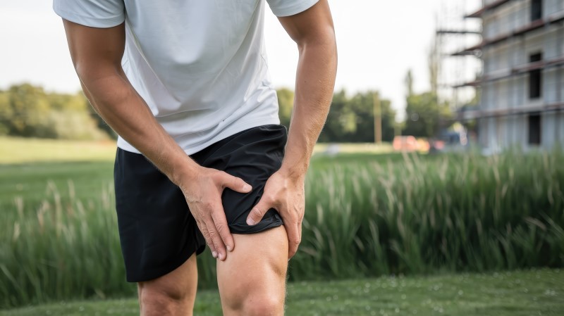 Mężczyzna na zewnątrz chwyta się za przednią część uda, odczuwając ból charakterystyczny dla rwy udowej; w tle trawa i budynek w budowie.