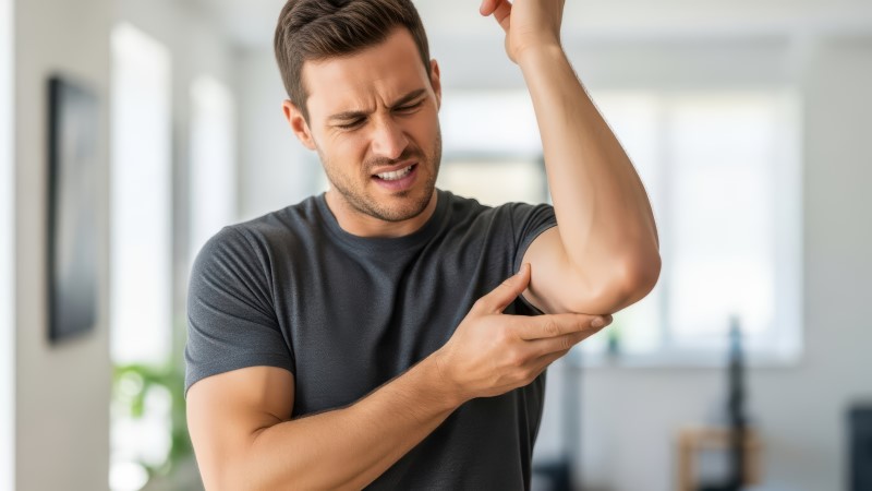 Mężczyzna w szarej koszulce trzyma się za łokieć i robi grymas bólu, stojąc w jasnym wnętrzu mieszkania.
